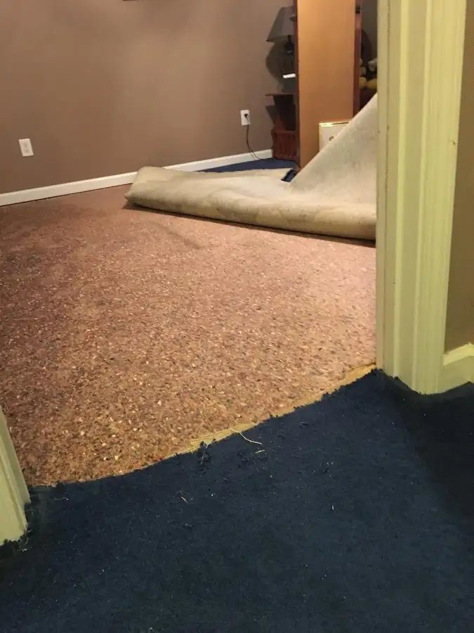 Carpet pad removal revealing water damage during Drying & Dehumidification in Godley